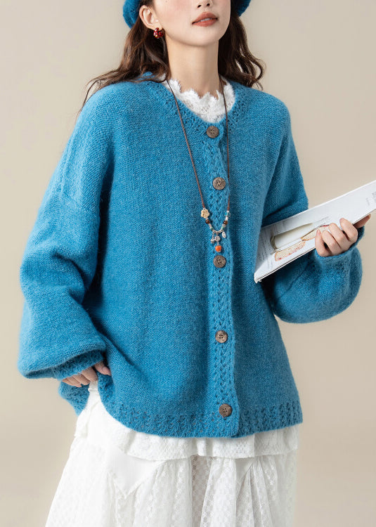 Loose Blue Hollow Out Button Cozy Knit Coats Spring