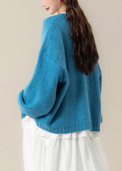 Loose Blue Hollow Out Button Cozy Knit Coats Spring
