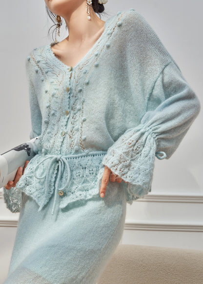 Loose Blue Hollow Out Tie Waist Knit Sweater Flare Sleeve