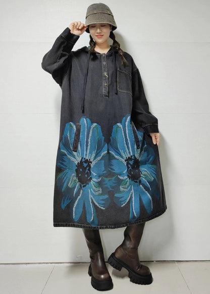 Loose Blue Hooded Print Denim Dress Long Sleeve