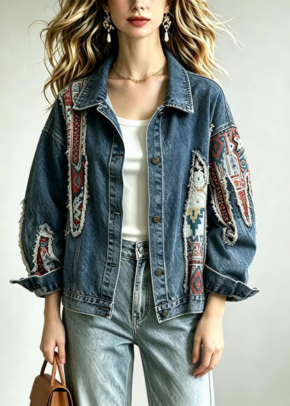 Loose Blue Jacquard Patchwork Denim Jacket Fall