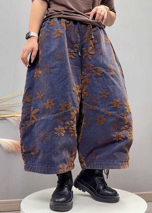 Loose Blue Jacquard Pockets Elastic Waist Denim Crop Pants Fall