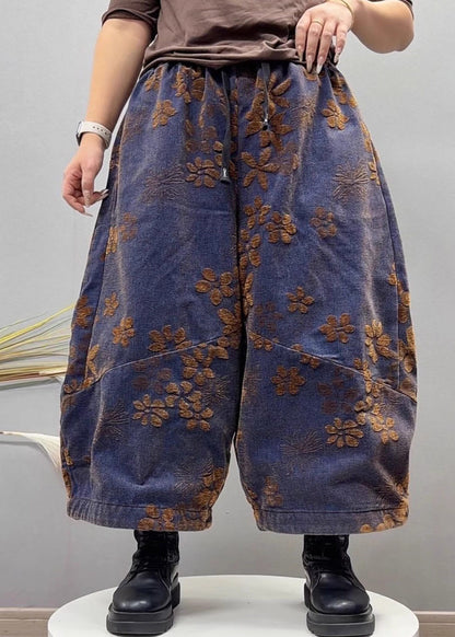 Loose Blue Jacquard Pockets Elastic Waist Denim Crop Pants Fall