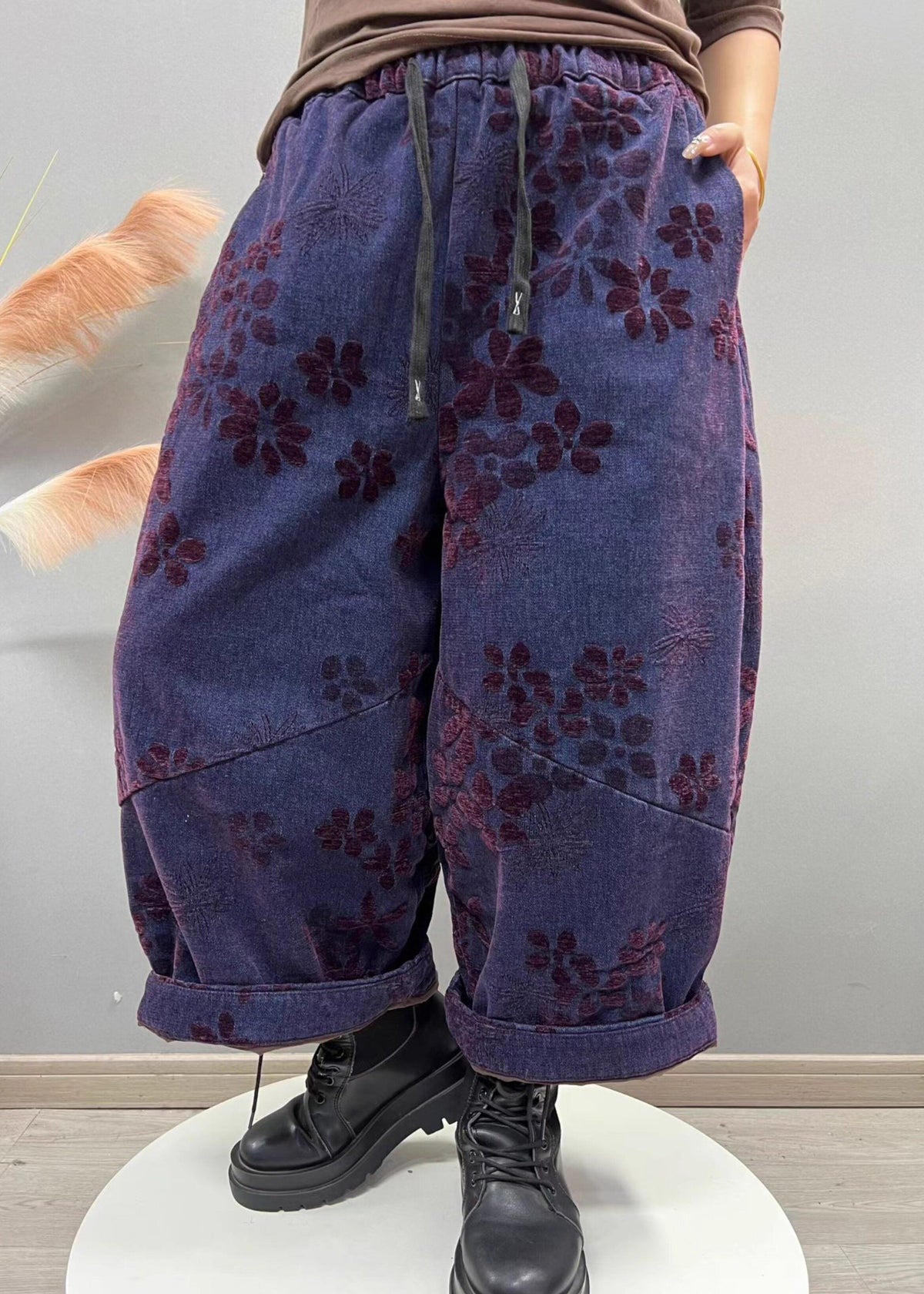 Loose Blue Jacquard Pockets Elastic Waist Denim Crop Pants Fall