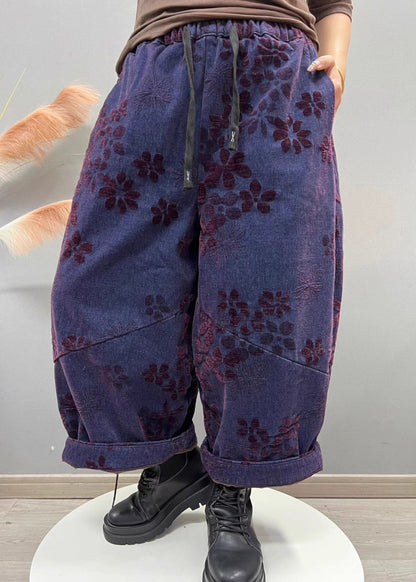 Loose Blue Jacquard Pockets Elastic Waist Denim Crop Pants Fall