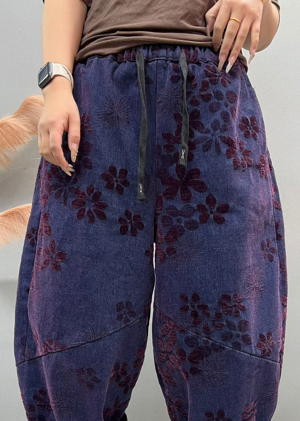 Loose Blue Jacquard Pockets Elastic Waist Denim Crop Pants Fall