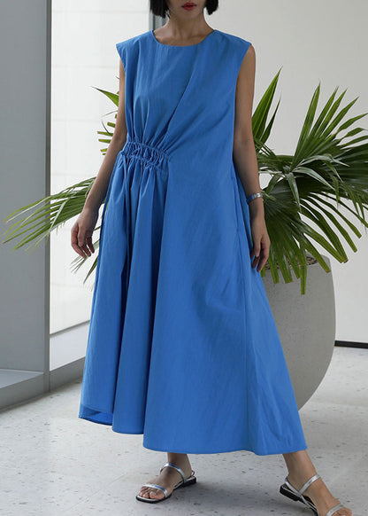 Loose Blue O-Neck Drawstring Cotton Long Dress Sleeveless