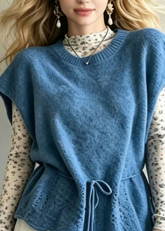 Loose Blue O-Neck Drawstring Knit Vest Sleeveless