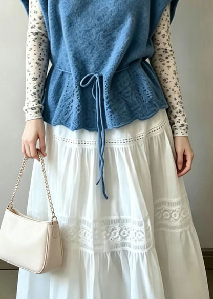 Loose Blue O-Neck Drawstring Knit Vest Sleeveless