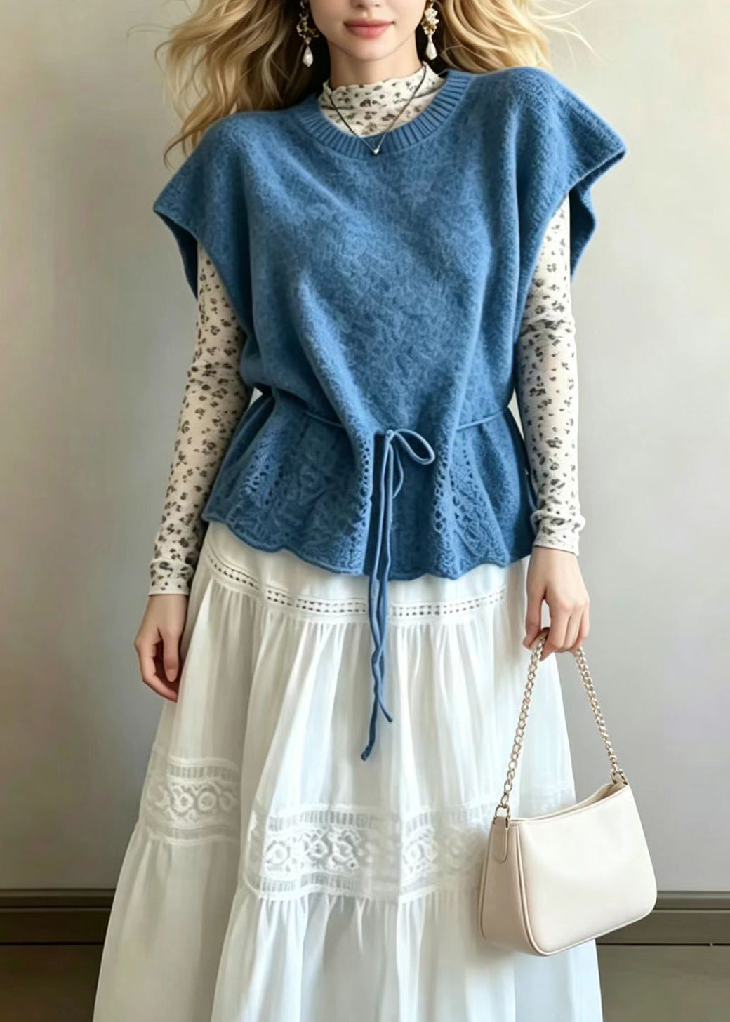 Loose Blue O-Neck Drawstring Knit Vest Sleeveless