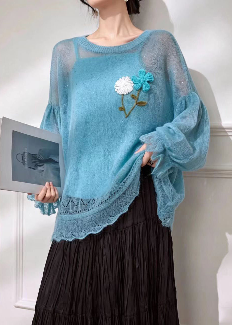 Loose Blue O-Neck Embroidered Floral Knit Sweater Fall