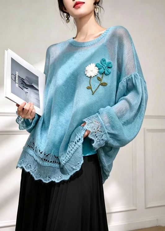 Loose Blue O-Neck Embroidered Floral Knit Sweater Fall
