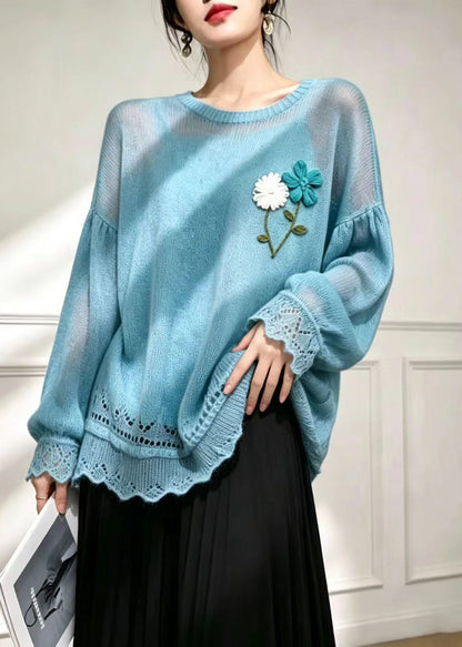 Loose Blue O-Neck Embroidered Floral Knit Sweater Fall