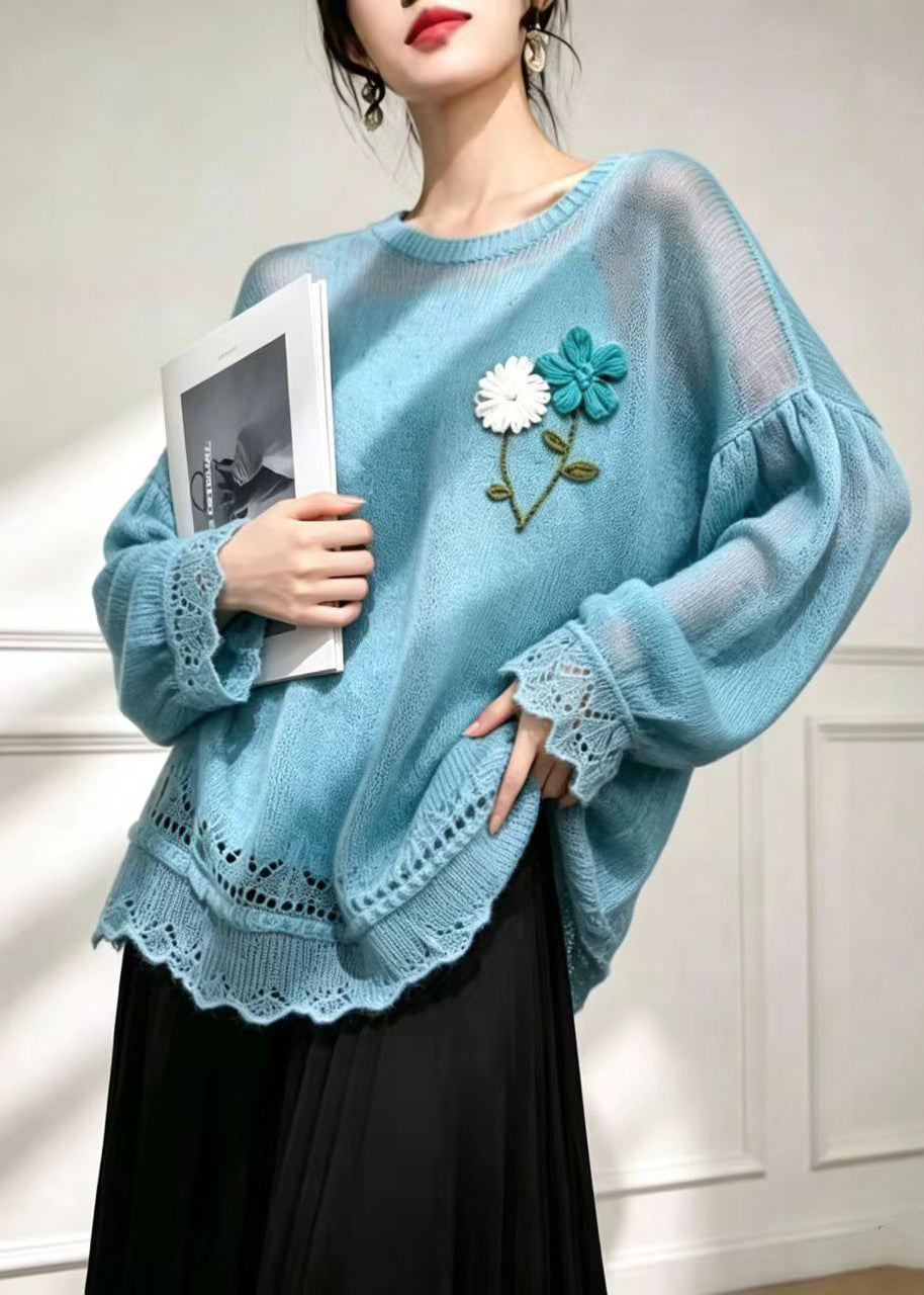 Loose Blue O-Neck Embroidered Floral Knit Sweater Fall
