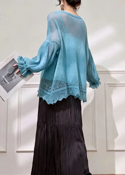 Loose Blue O-Neck Embroidered Floral Knit Sweater Fall