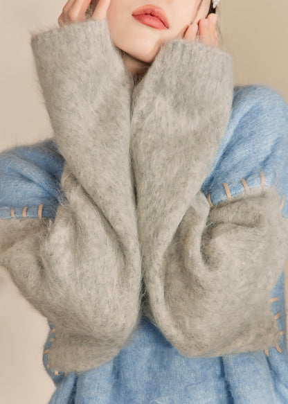 Loose Blue O-Neck Patchwork Thick Cotton Knit Sweaters Spring