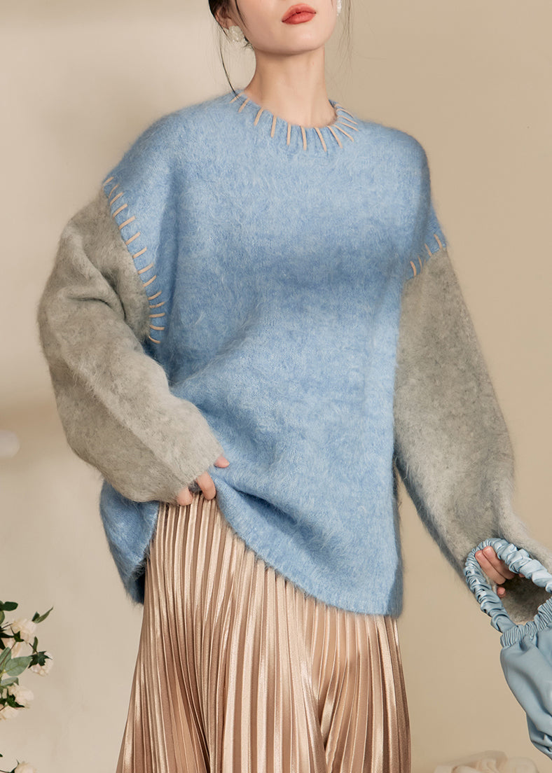 Loose Blue O-Neck Patchwork Thick Cotton Knit Sweaters Spring