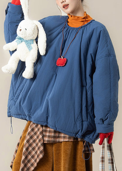 Loose Blue O Neck Pockets Drawstring Cotton Filled Parka Winter