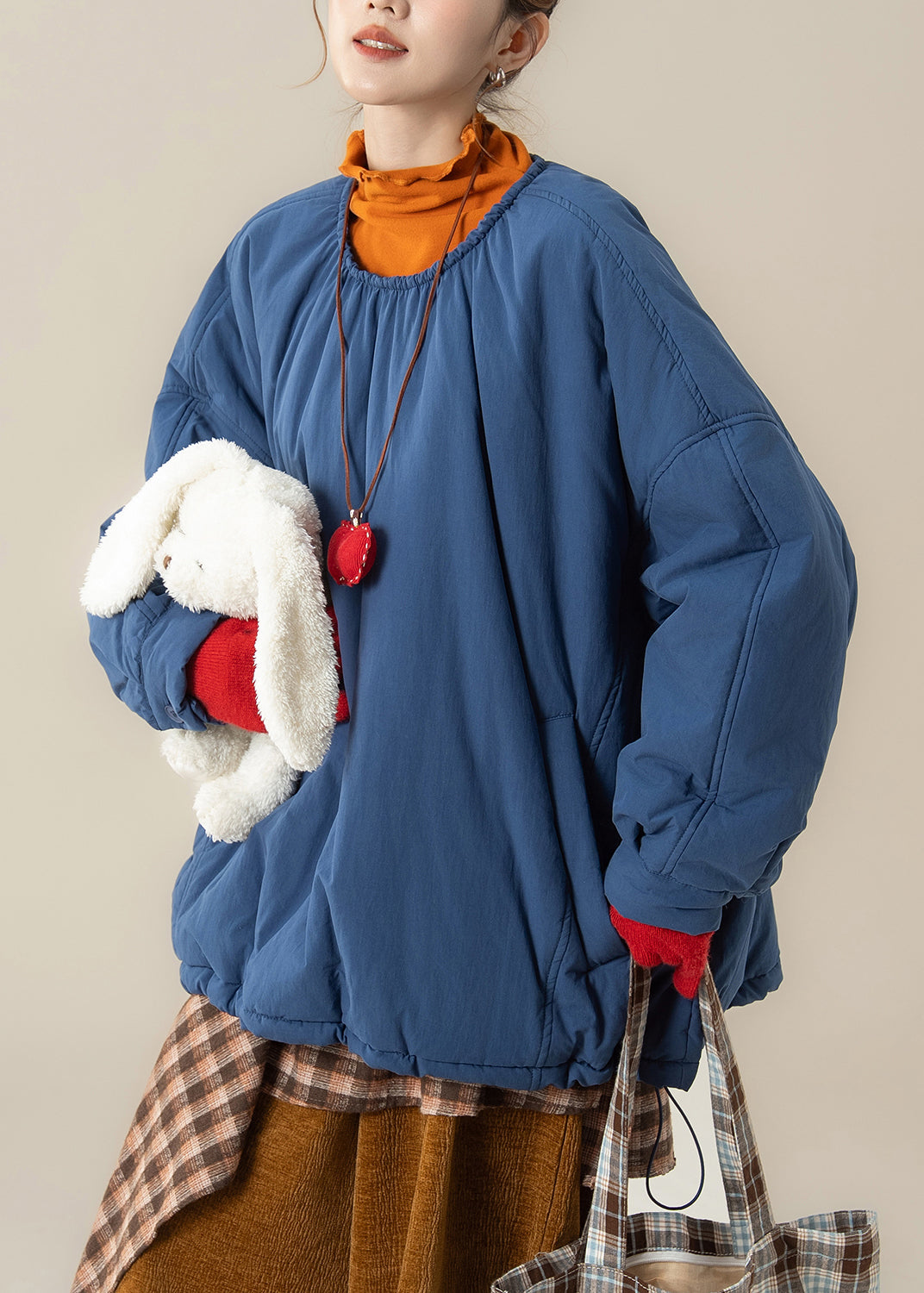Loose Blue O Neck Pockets Drawstring Cotton Filled Parka Winter