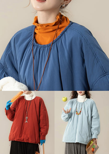 Loose Blue O Neck Pockets Drawstring Cotton Filled Parka Winter