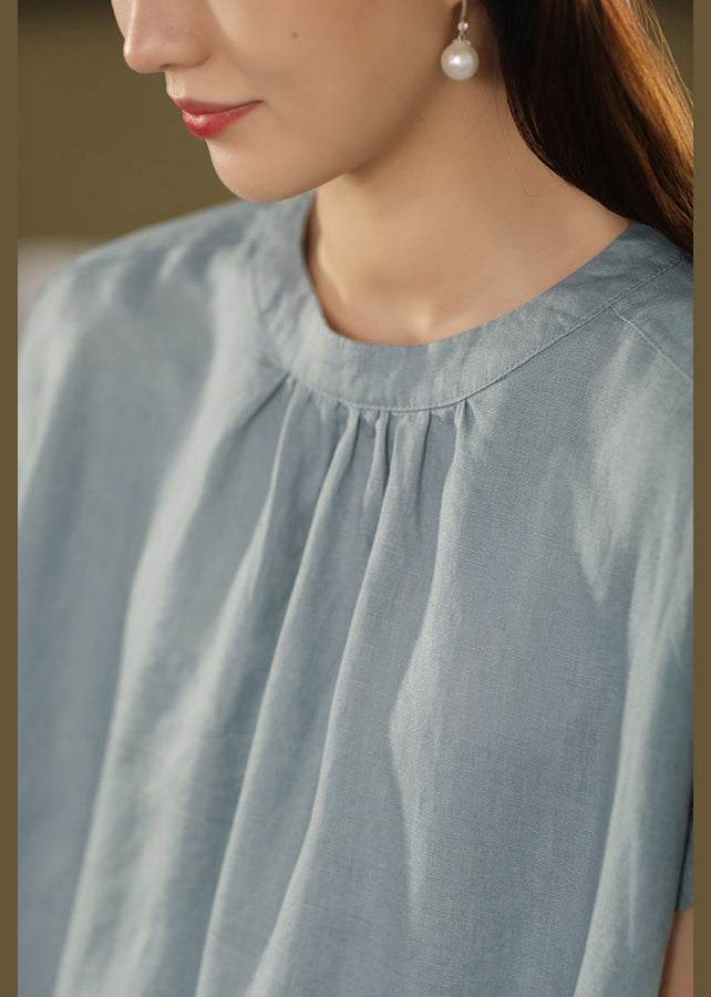 Loose Blue O-Neck Pockets Linen Dresses Summe