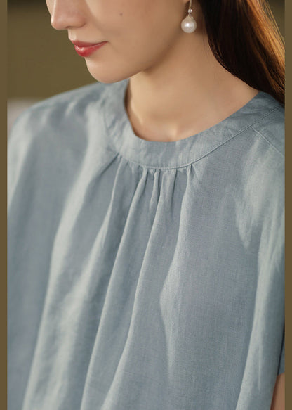 Loose Blue O-Neck Pockets Linen Dresses Summe