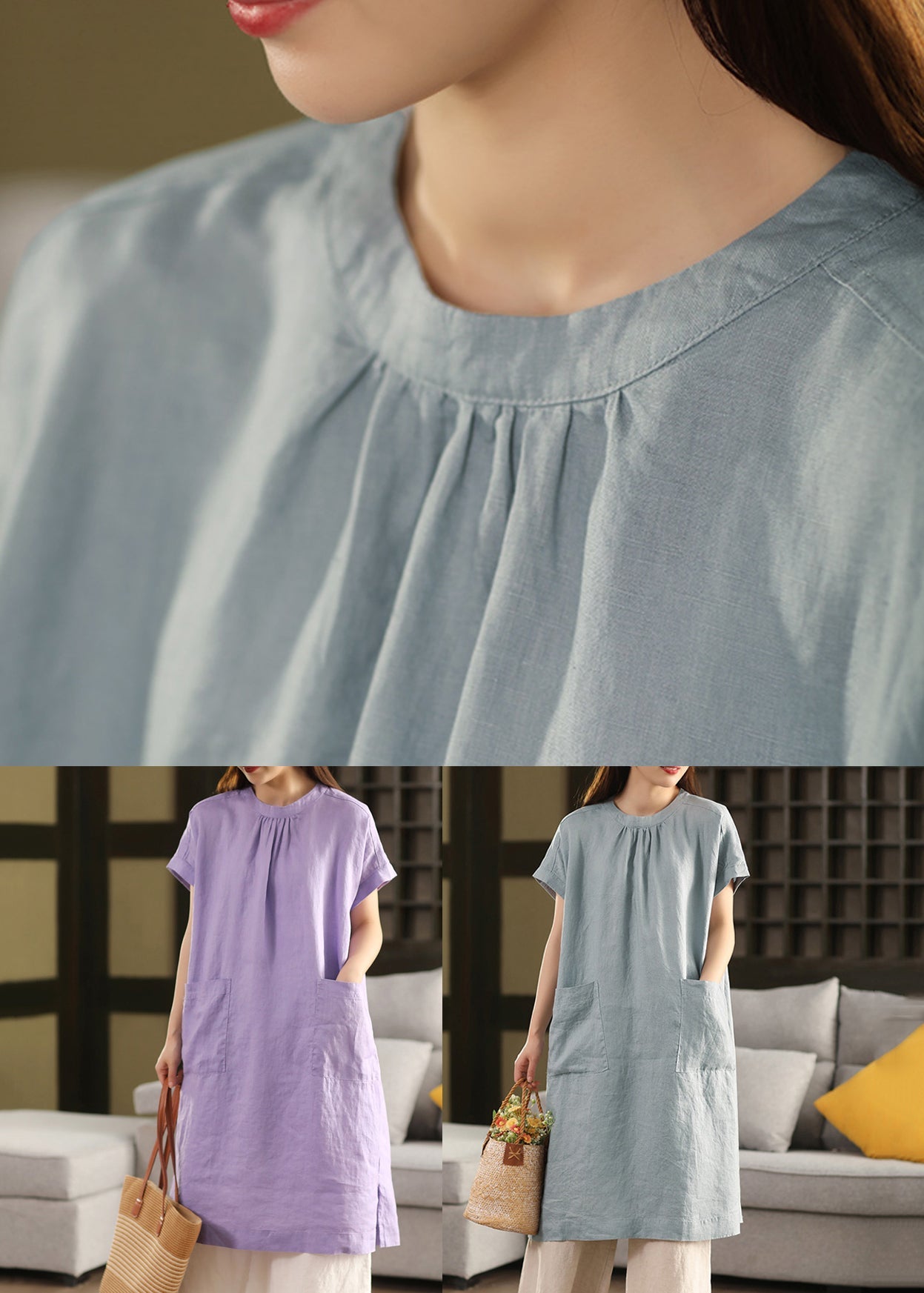 Loose Blue O-Neck Pockets Linen Dresses Summe