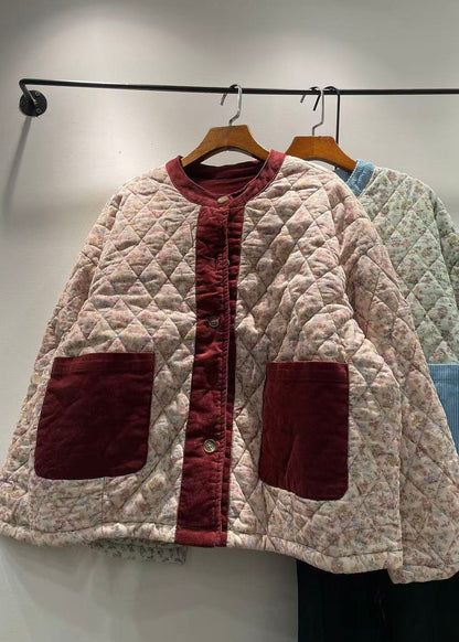 Loose Blue O Neck Pockets Print Fine Cotton Filled Jackets Winter