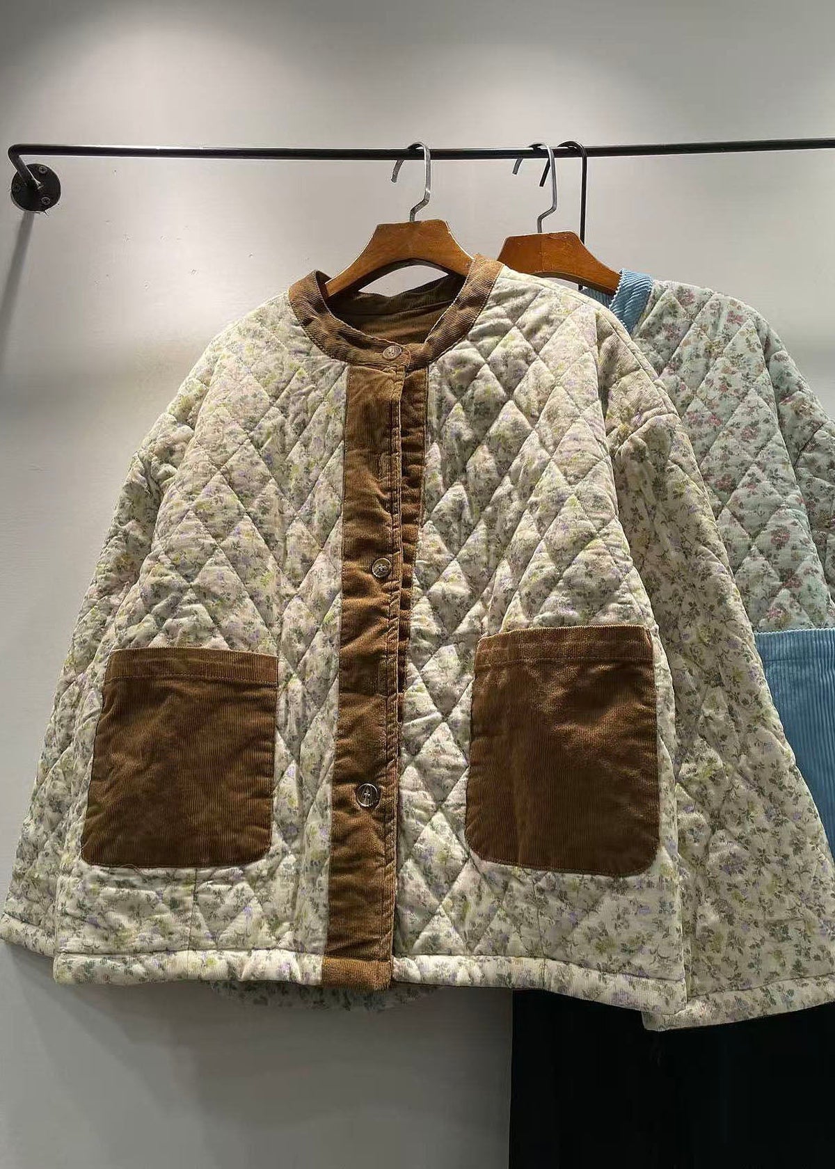 Loose Blue O Neck Pockets Print Fine Cotton Filled Jackets Winter