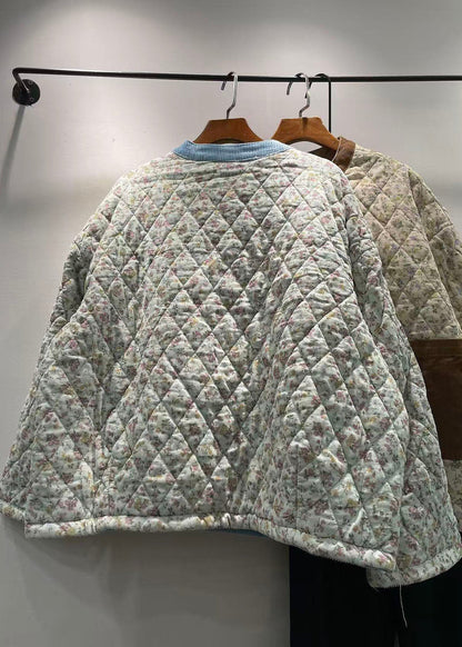 Loose Blue O Neck Pockets Print Fine Cotton Filled Jackets Winter