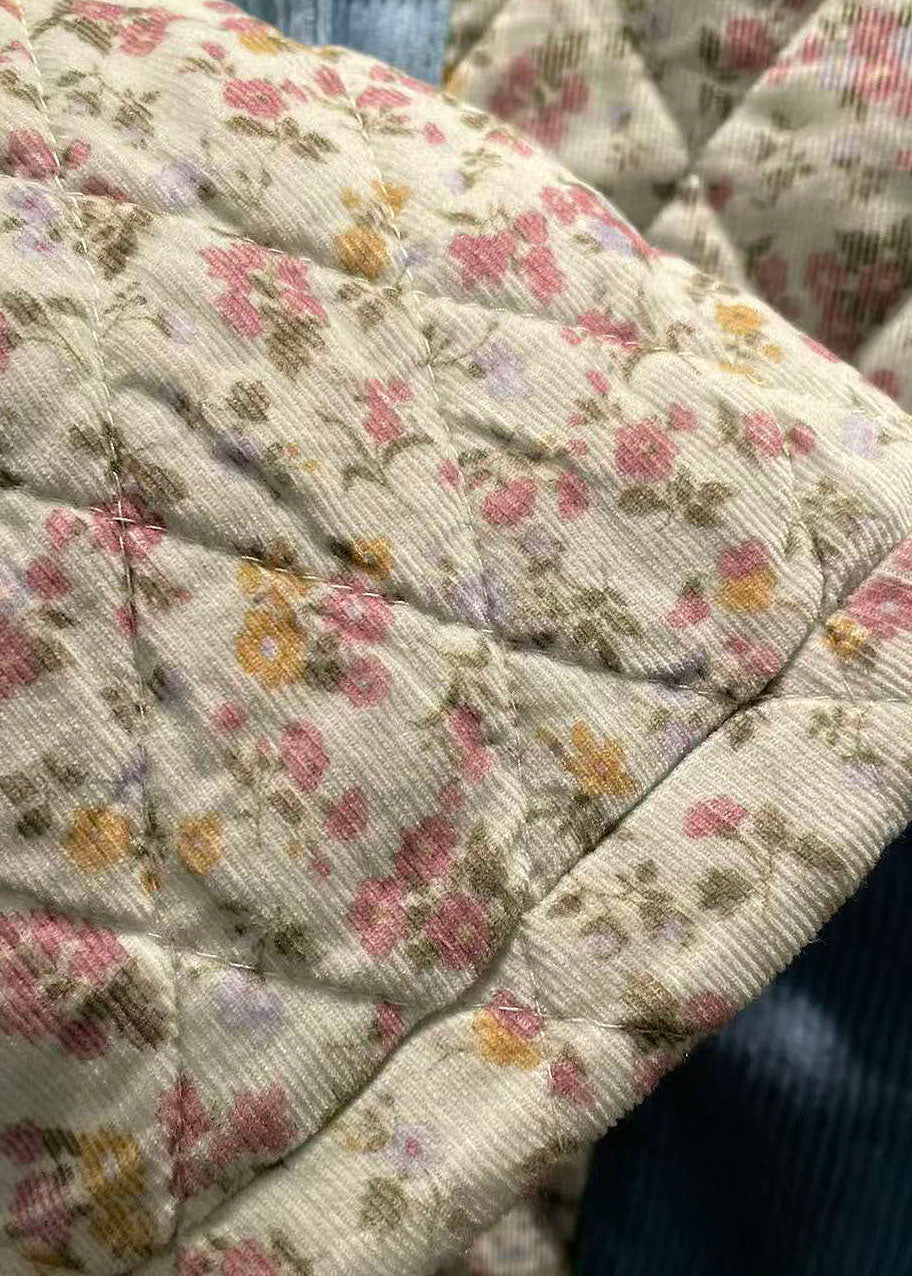 Loose Blue O Neck Pockets Print Fine Cotton Filled Jackets Winter