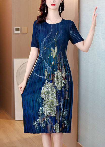 Loose Blue O Neck Print Wrinkled Elasticity Dresses Summer