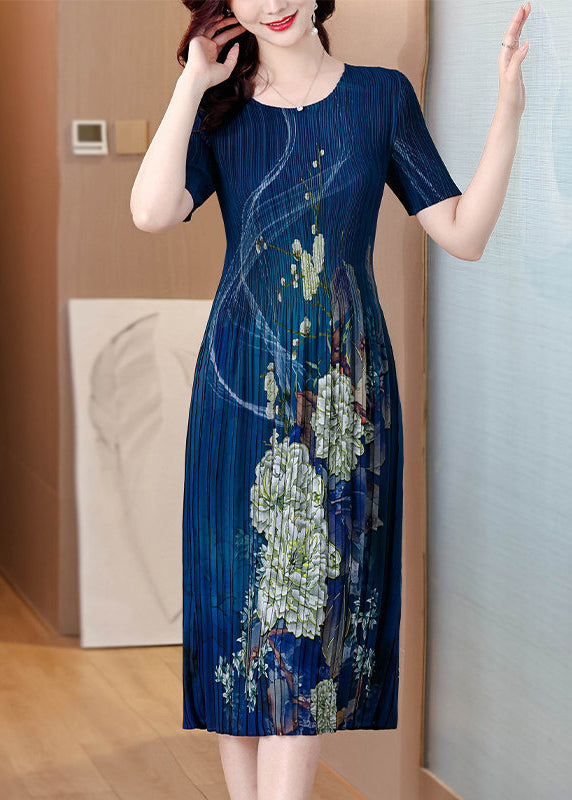 Loose Blue O Neck Print Wrinkled Elasticity Dresses Summer