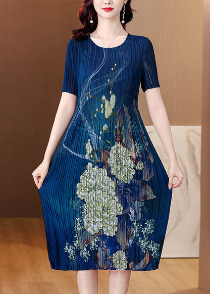 Loose Blue O Neck Print Wrinkled Elasticity Dresses Summer