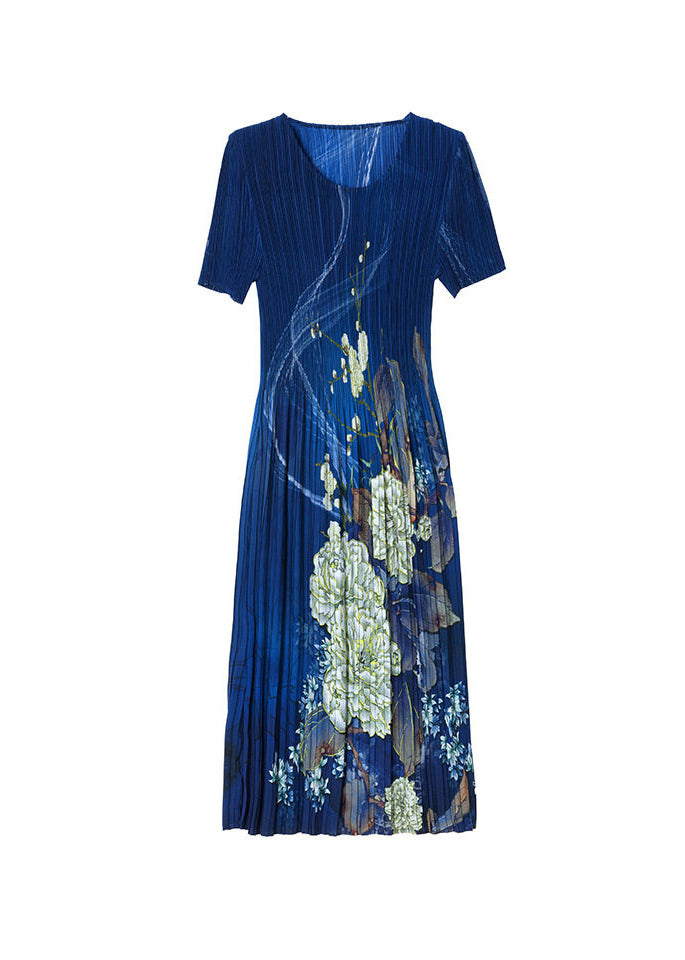 Loose Blue O Neck Print Wrinkled Elasticity Dresses Summer
