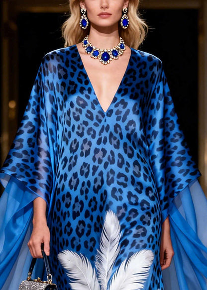 Loose Blue Oversized Print Silk Maxi Dresses Summer