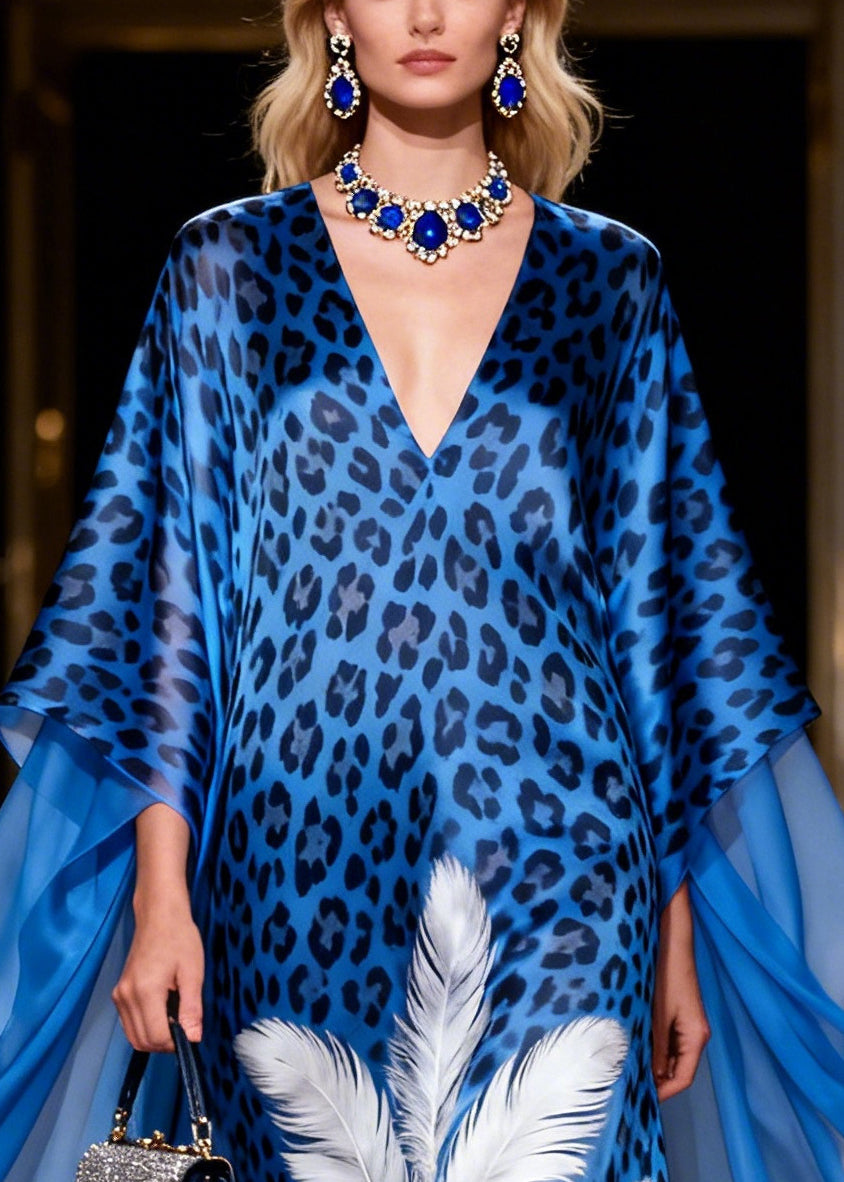 Loose Blue Oversized Print Silk Maxi Dresses Summer