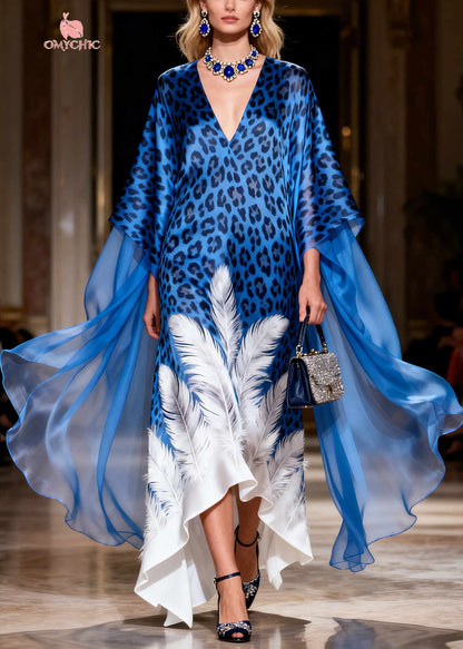 Loose Blue Oversized Print Silk Maxi Dresses Summer