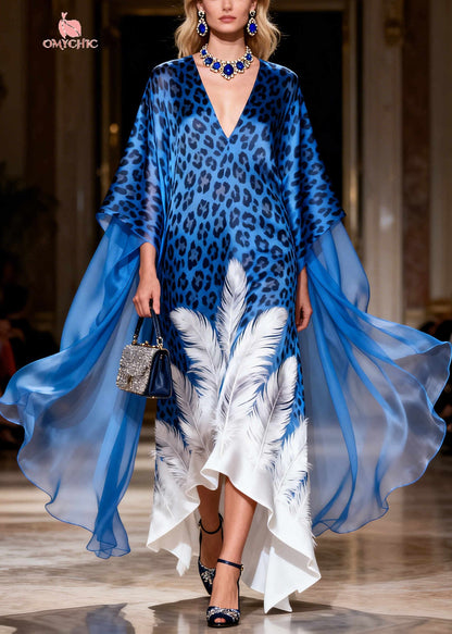 Loose Blue Oversized Print Silk Maxi Dresses Summer