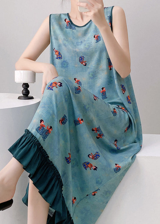 Loose Blue Patchwork Ruffled Maxi Dresses Sleeveless