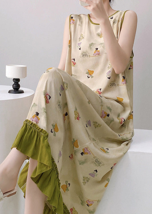 Loose Blue Patchwork Ruffled Maxi Dresses Sleeveless