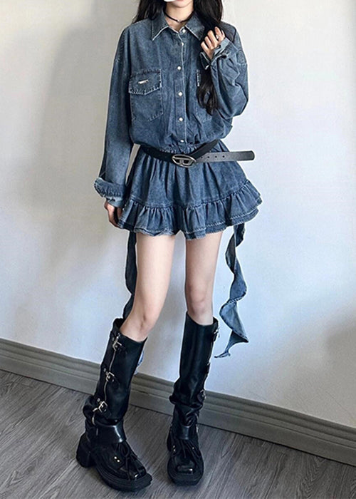Loose Blue Peter Pan Collar Button Denim Mini Dresses Fall
