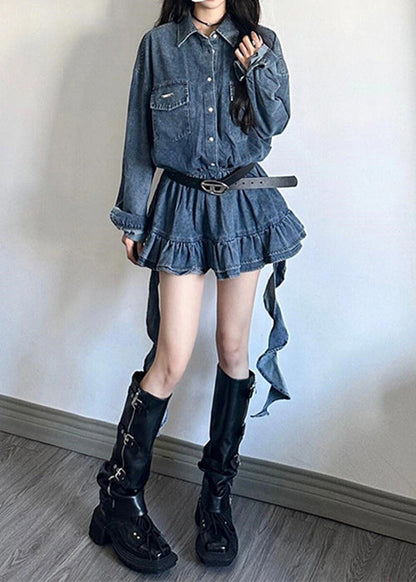 Loose Blue Peter Pan Collar Button Denim Mini Dresses Fall