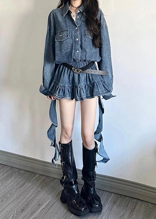 Loose Blue Peter Pan Collar Button Denim Mini Dresses Fall