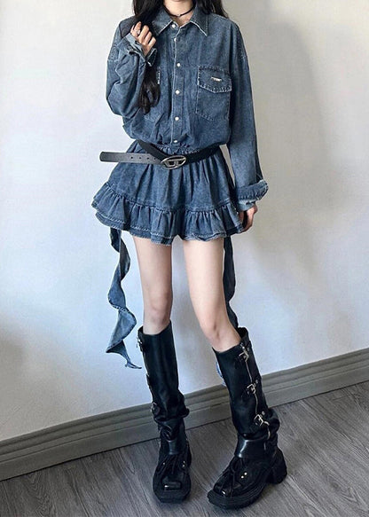 Loose Blue Peter Pan Collar Button Denim Mini Dresses Fall