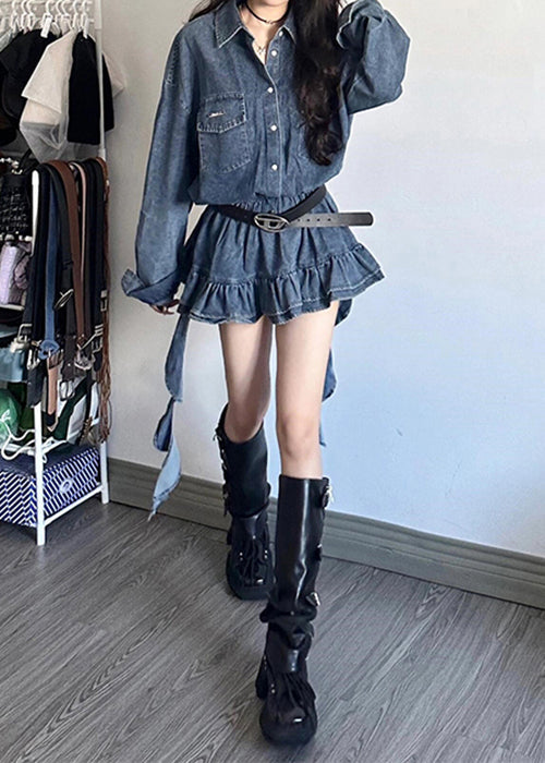 Loose Blue Peter Pan Collar Button Denim Mini Dresses Fall