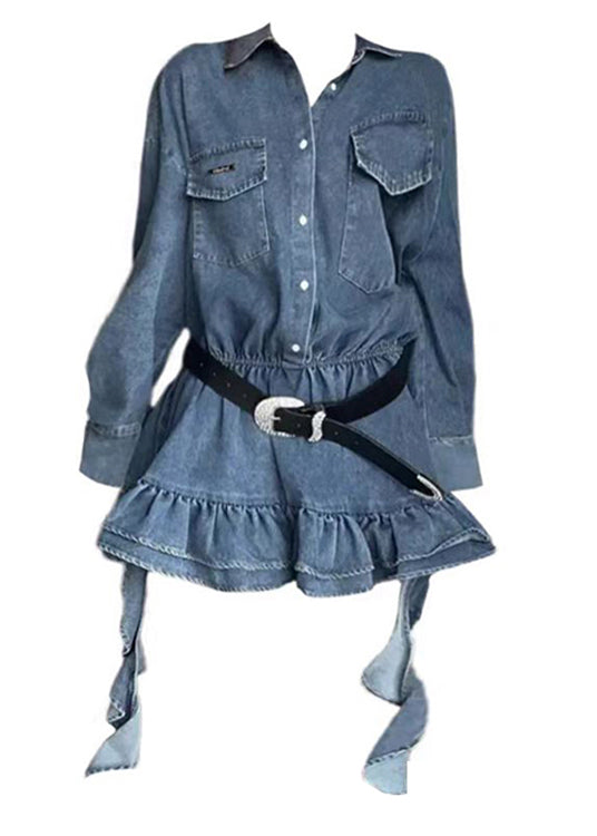 Loose Blue Peter Pan Collar Button Denim Mini Dresses Fall