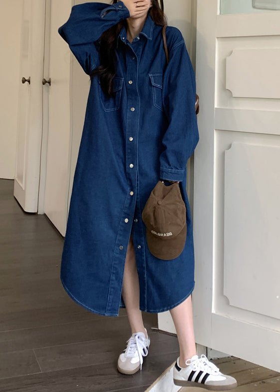Loose Blue Peter Pan Collar Button Denim Shirts Dresses Spring
