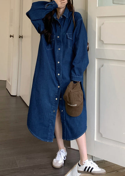 Loose Blue Peter Pan Collar Button Denim Shirts Dresses Spring