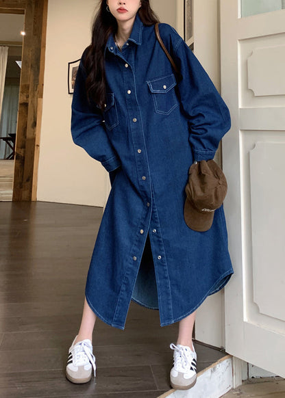 Loose Blue Peter Pan Collar Button Denim Shirts Dresses Spring